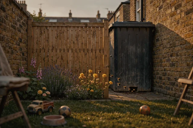 Free-standing timber screen keeping a children's play area away from a compost bin while bumblebees fly freely into the ground-level gap, one of the safe bumblebee nest in compost heap options for a London garden