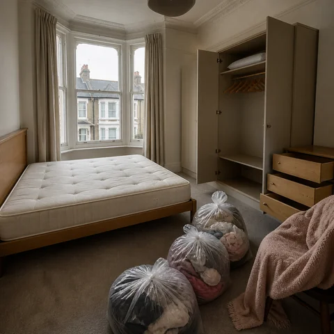 A London bedroom prepared for chemical bed bug removal, showing stripped mattress, bagged belongings, and moved furniture.