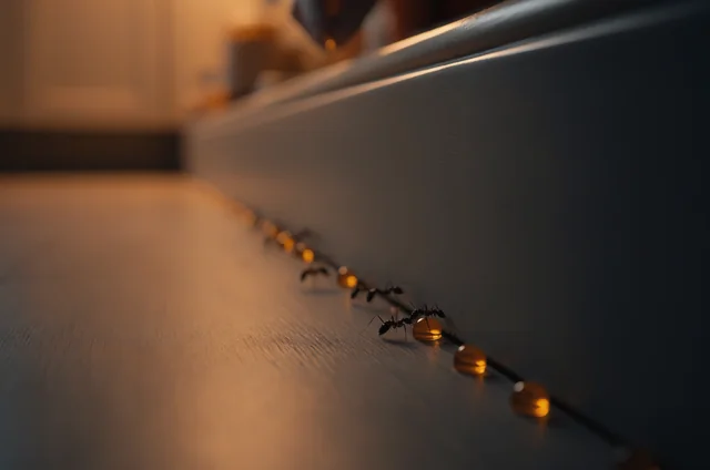 Close-up of gel bait dots placed along a skirting board with worker ants feeding, showing how professional ant control in Havering targets the colony rather than spraying