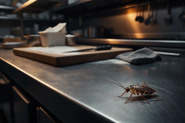 A single German cockroach on a stainless steel restaurant prep counter — the live-activity finding that most often triggers cockroach control restaurant closure risk during an inspection.