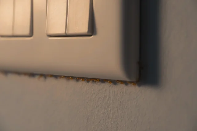Macro photograph of tiny pharaoh ants trailing along a wall socket seam, demonstrating structural foraging signs relevant to ant control pharaoh ant multi nest colonies.