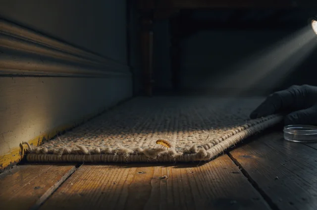 Macro inspection of damaged wool carpet edge and shed larval skin beneath a bed, illustrating evidence checks for carpet beetle pest control london.