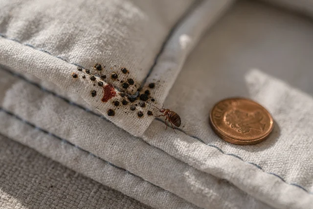 Close-up of a mattress seam revealing dark bed bug excrement spots and a live adult bed bug, essential for identification in bed bug removal in Hackney.