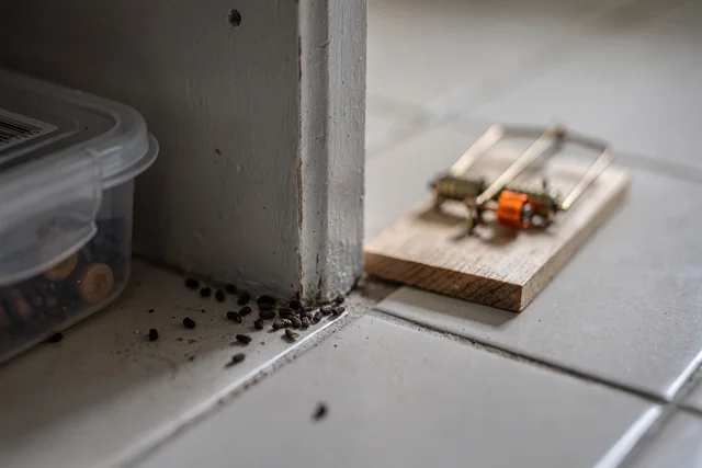Close-up of fresh spindle-shaped mouse droppings along a kitchen skirting board with a snap trap nearby, showing a key sign that DIY mouse control in Redbridge is not working.