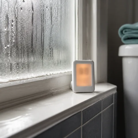 Small digital humidity meter on a steamy bathroom windowsill, illustrating the damp-air threshold that makes silverfish control bathroom moisture prevention necessary