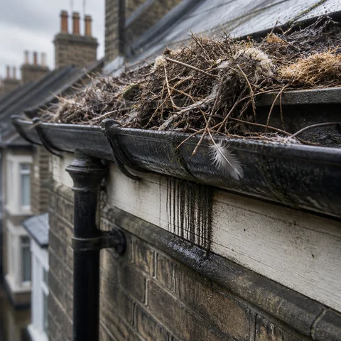 Nesting material packed into a cast-iron gutter on a Victorian Hackney terrace with water staining on the fascia board, a clear sign that bird control in Hackney is needed