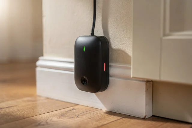 Photorealistic close-up of a ResiConnect mouse alarm for your home installed at a skirting board junction in a London kitchen, showing the infrared sensor and status light.