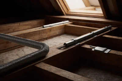 Galvanised flexible steel conduit bend, rigid steel conduit run and fixed metal cable shield laid on loft joists to help prevent an electrical short circuit caused by rodent gnawing