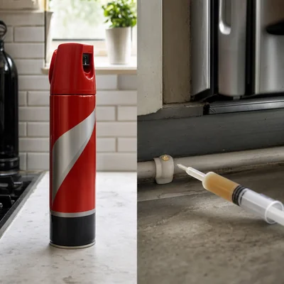 Side-by-side comparison of a DIY cockroach spray can and a professional gel bait syringe, illustrating why many seek the best cockroach exterminator near me in East London for lasting results.