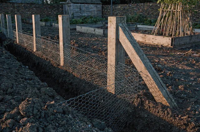 Half-built rabbit-proof allotment fence with netting folded into a 30 cm L-shaped buried return, illustrating rabbit control allotment fencing requirements