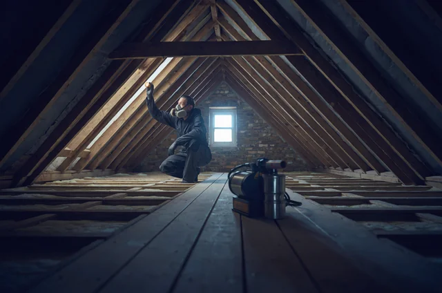 Pest control technician inspecting roof timbers with cold fogging equipment to treat cluster flies in loft after winter.