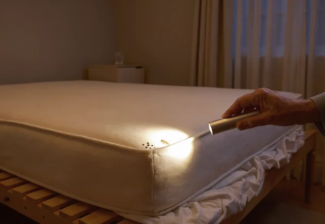 Person using a torch to inspect mattress seams for bed bugs, showing how to check bedding when worried bed bugs can get in your hair