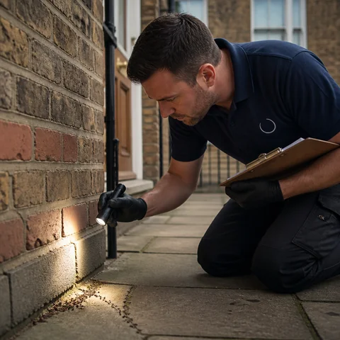 BuzzKill technician inspecting exterior wall for ant control services in Tower Hamlets, demonstrating professional nest detection.