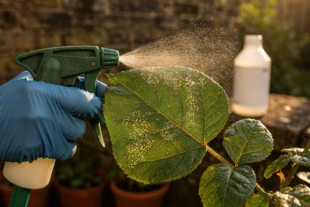 Gardeners hand spraying insecticidal soap on a leaf damaged by leafhoppers, demonstrating how to get rid of leafhoppers safely in a London garden.