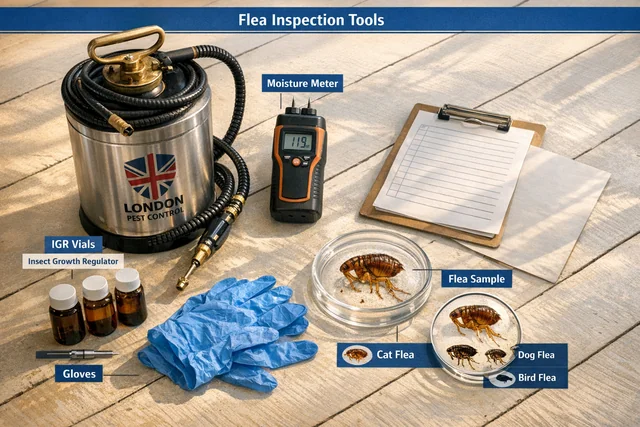 Professional flea treatment London equipment including sprayer, insect growth regulator vials, and identification tools used by qualified technicians