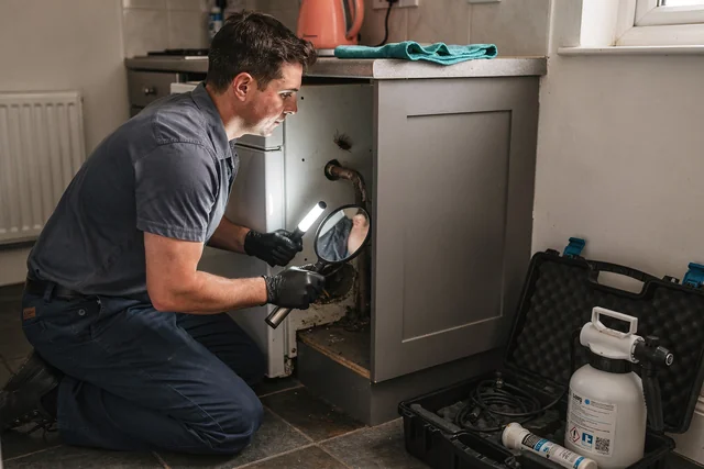 A Barking cockroach exterminator technician inspects behind a refrigerator in a London flat kitchen, showing the diagnostic harbourage check that forms part of a same-day call-out before treatment begins.