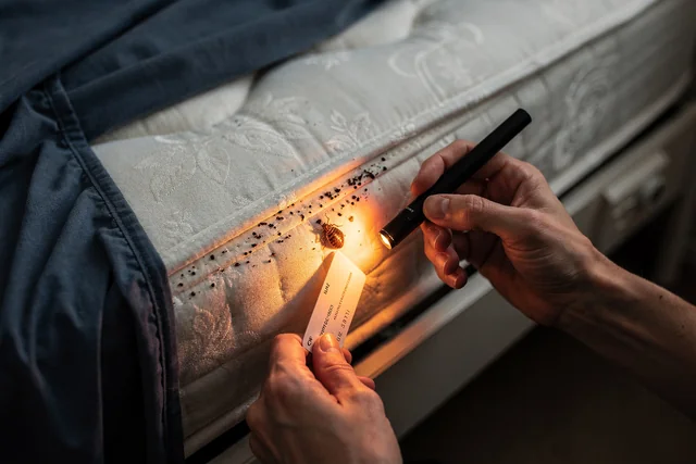 Close-up inspection of a mattress seam with a torch, revealing dark faecal spots and a small bed bug, illustrating how to search for evidence when comparing bed bug bites vs mosquito signs.