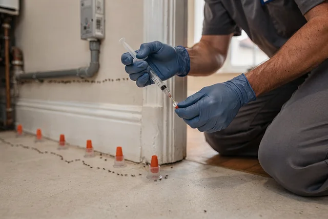 Pest control technician placing gel bait stations along a Lewisham kitchen skirting board during a professional ant control lewisham survey visit.