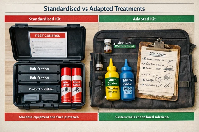 Side-by-side comparison of standardised versus locally adapted pest control treatment tools used in Waltham Forest homes
