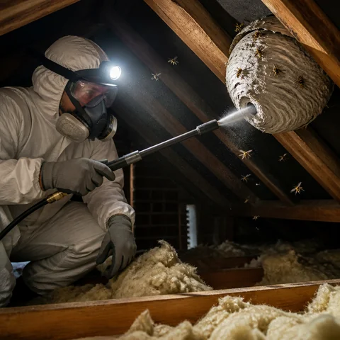 A professional pest control technician in protective gear applies treatment powder into a wasp nest in an attic, demonstrating expert wasp nest removal company services in London.