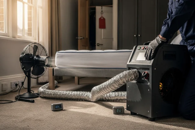Professional heat treatment for bed bugs being set up in a commercial hotel room with fans, ducting, and temperature sensors to eliminate all life stages.