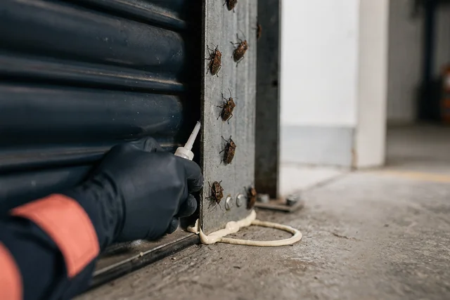 Close-up of silicone sealant being applied to a roller shutter guide rail gap to block stink bug entry in a commercial pest guide warehouse setting.