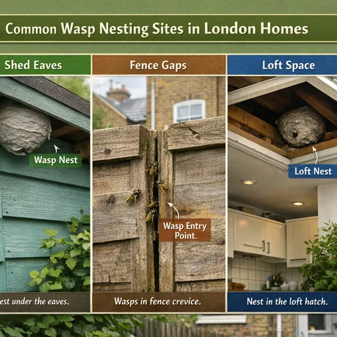 Common wasp nest locations in a London garden, showing shed eaves, fence gaps, and loft hatches where professional wasp nest removal London services are often needed