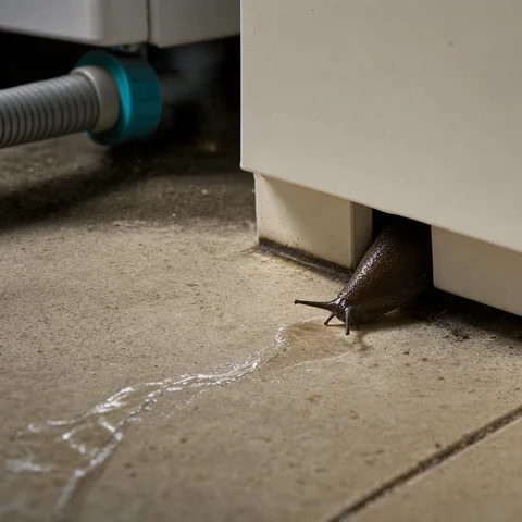 Close-up of a slug squeezing through a 4 mm gap under a kitchen unit, showing the silver trail that helps identify slugs as the indoor pest