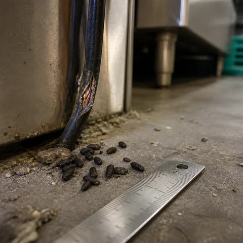 Close-up of fresh rodent droppings and gnawed cable with measuring scale, showing the first signs of spring pests businesses must keep out