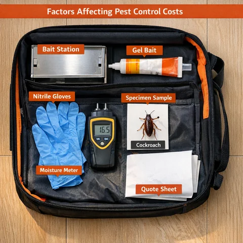 Pest control technician's equipment kit showing the tools and evidence that affect pest control east london prices