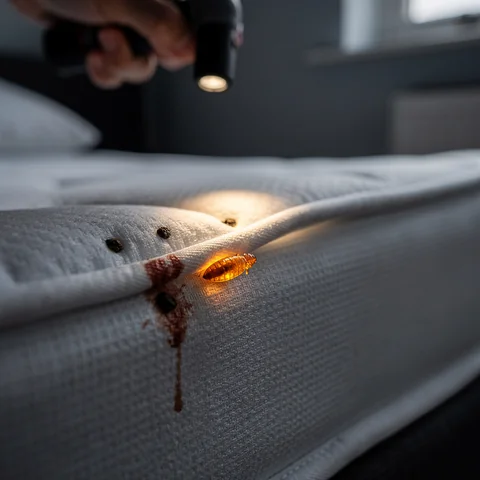 Close-up of a mattress seam showing dark faecal spots and a shed bedbug nymph casing, a key clue for telling bedbug bites vs mosquito bites apart by household evidence