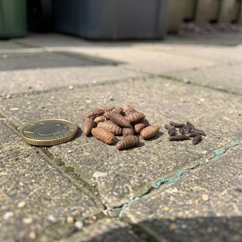 Brown rat droppings shown next to a 10p coin for scale, helping identify a norwegian rat by their characteristic blunt-ended capsule shape