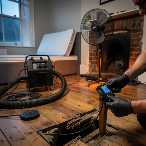 Professional heat treatment equipment set up for bed bug removal in Lewisham, showing temperature sensors and heaters in a real terrace bedroom
