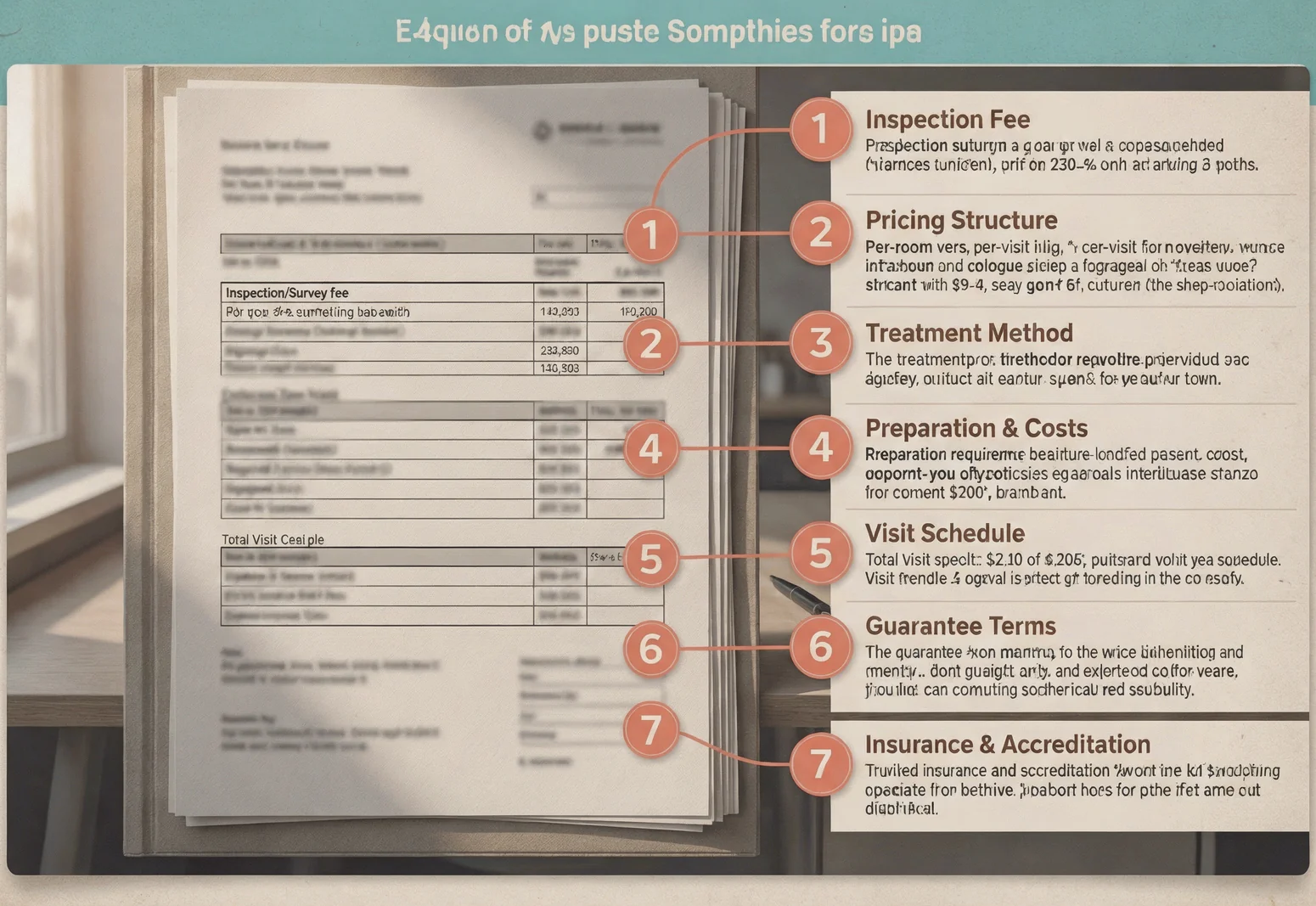 Annotated quote document showing seven line items to verify when coming clean about bed bugs and comparing London exterminator costs