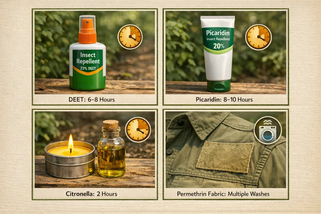 Mosquito repellent ingredient comparison board showing DEET, picaridin, citronella, and permethrin with protection duration for UK outdoor use