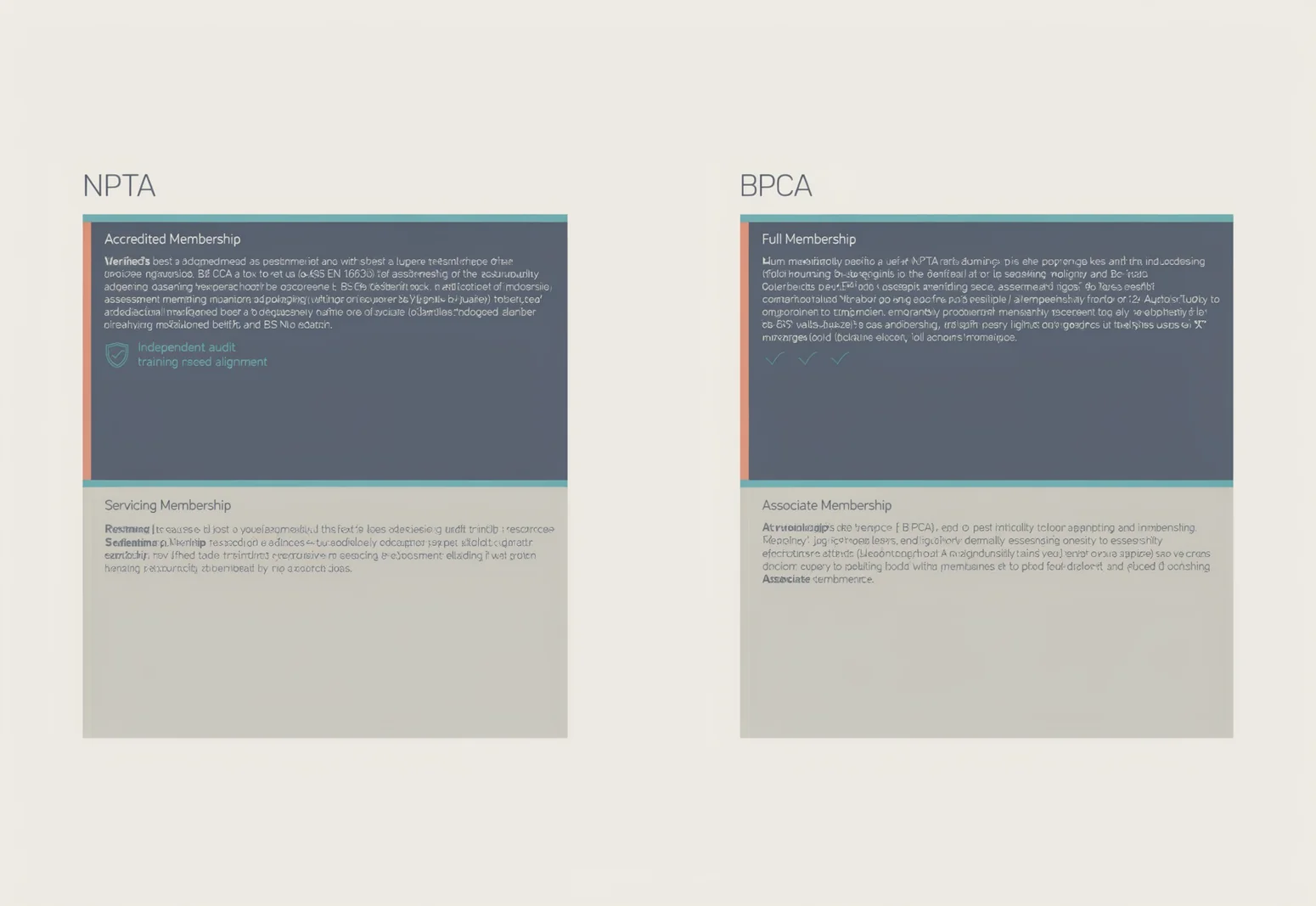 NPTA vs BPCA accreditation differences shown in a membership tier comparison board for verifying pest controller credentials