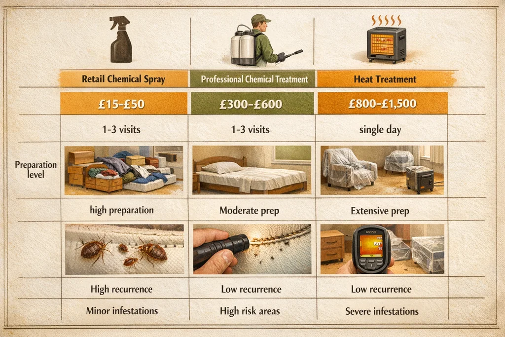 Bed bug extermination services cost comparison matrix showing retail sprays, professional chemical treatment, and heat treatment across cost, visits, and recurrence risk for UK homeowners