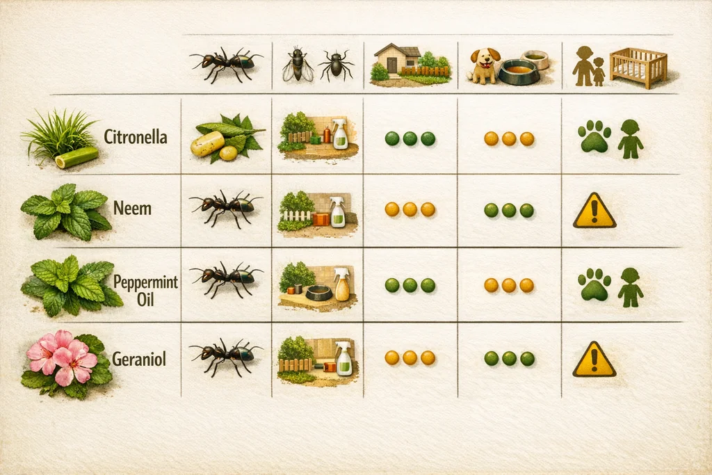 Natural insect repellent comparison matrix showing citronella, neem, peppermint oil and geraniol rated for pest target, safe zones, and family use in UK homes