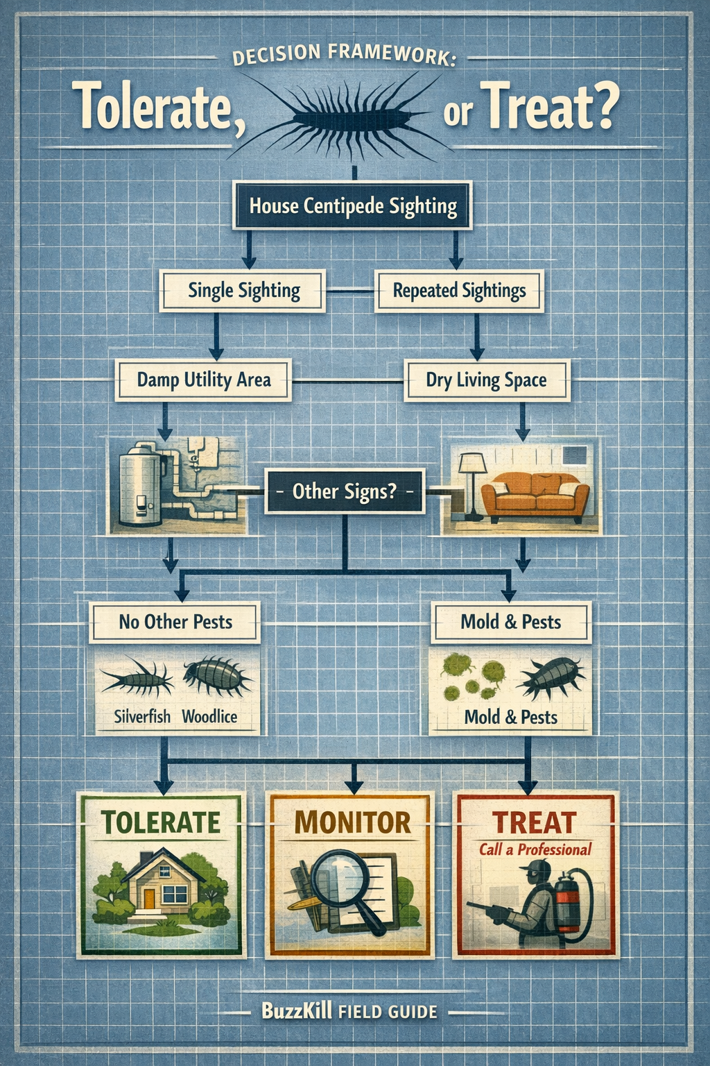 House centipede decision guide showing when to tolerate, monitor, or call a pest professional in East London homes