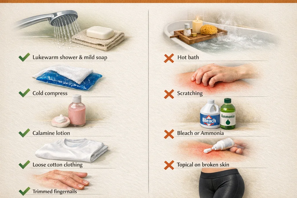 Chigger bites treatment decision guide showing safe soothing methods versus common mistakes that worsen itching in UK homes