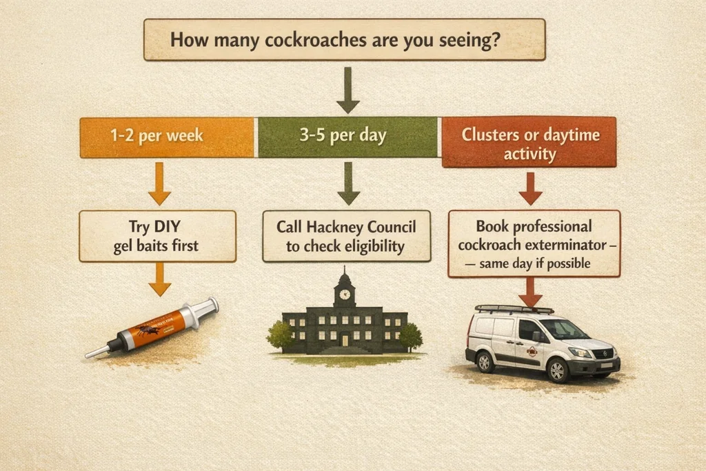 Decision guide comparing professional cockroach exterminator vs DIY treatment based on infestation signs in a Hackney home