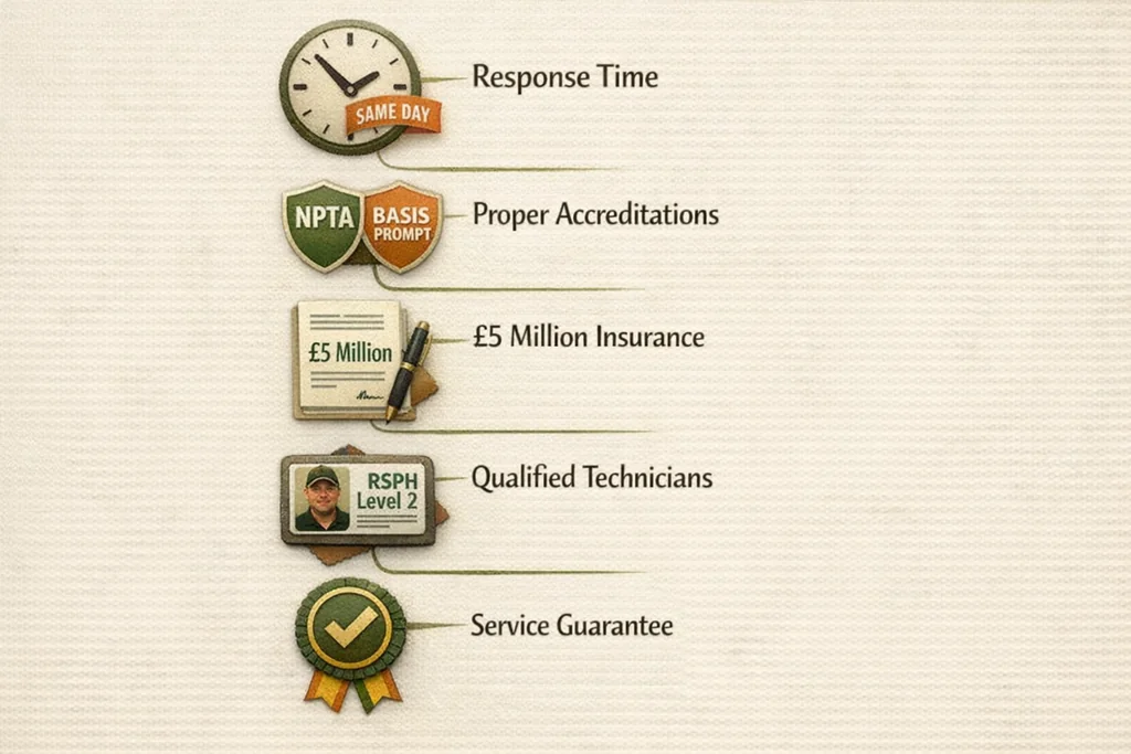 Key questions to ask when choosing pest control havering services, showing accreditation, insurance, and response time checks