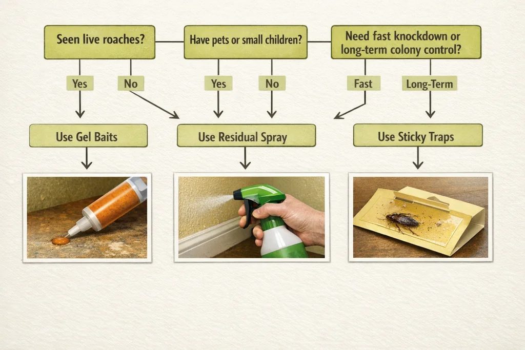 Decision guide for choosing between gel baits, sprays and traps for pest control cockroach treatment in UK homes