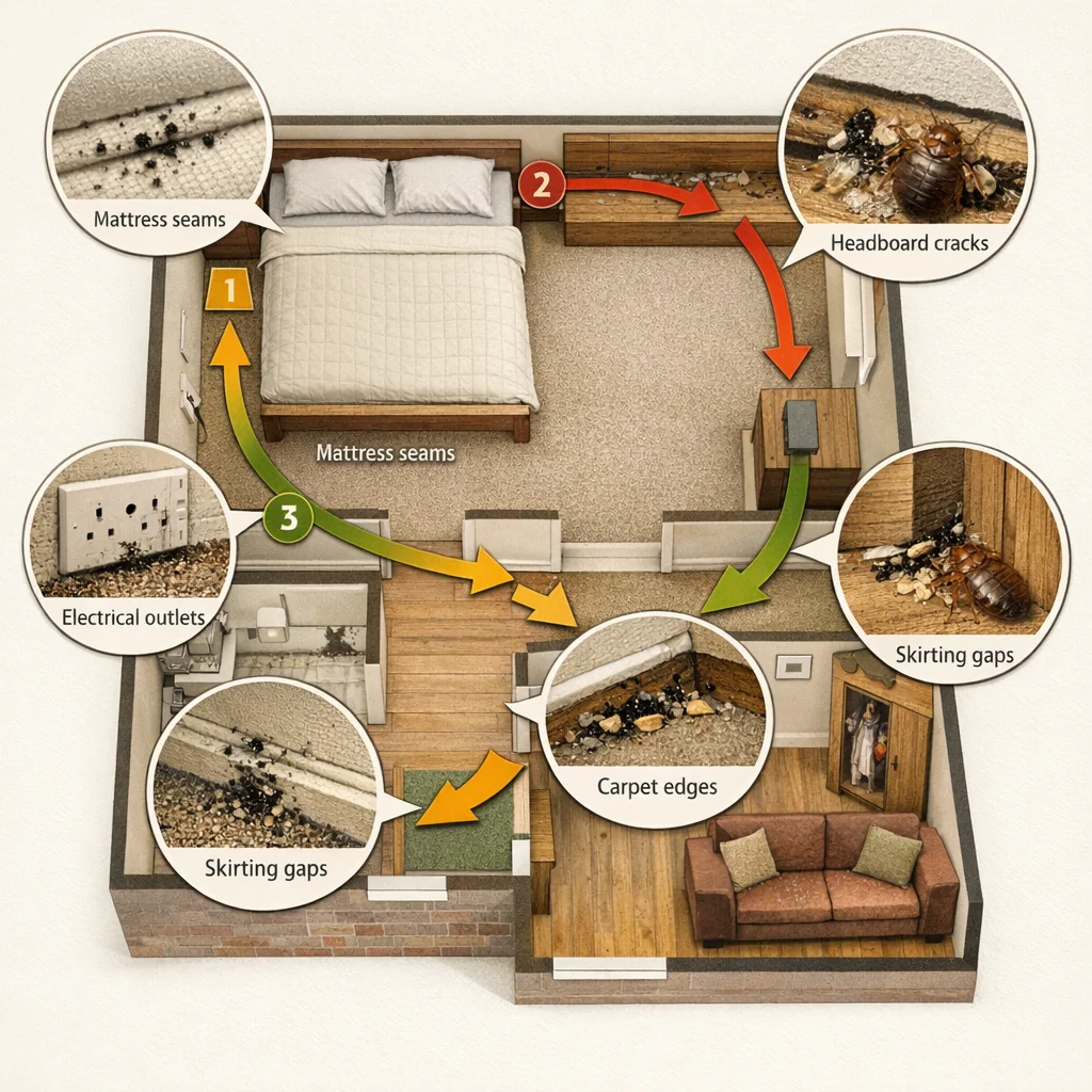 Bed bug inspection route map showing key harbourage zones in a UK home for bed bug services near me
