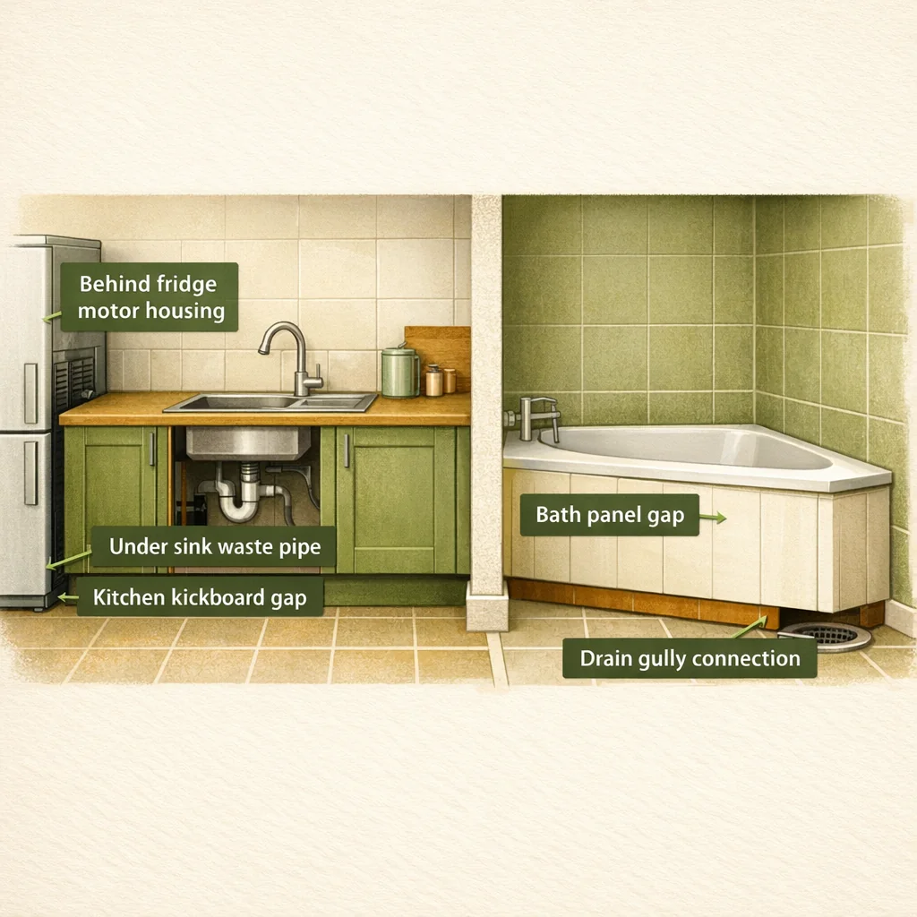 UK home interior inspection map showing key cockroach entry points and harbourage zones in a kitchen and bathroom, relevant to identifying the biggest cockroach in the world or smaller UK species.