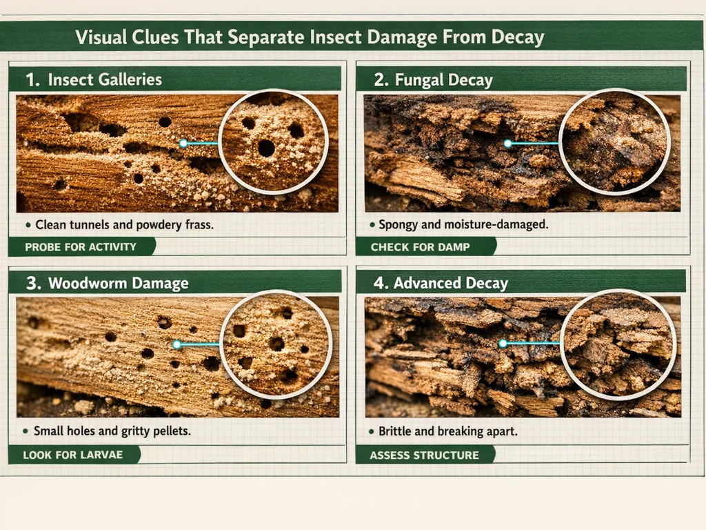 Termite control evidence board showing insect galleries, wet rot, dry rot, and woodworm damage signs in UK homes