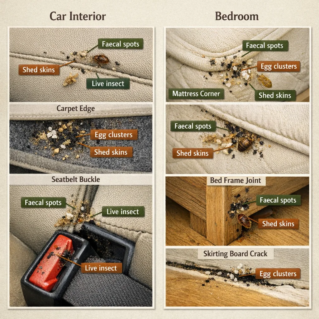 Bed bugs in car evidence identification board comparing inspection signs in vehicle and home environments for UK homeowners