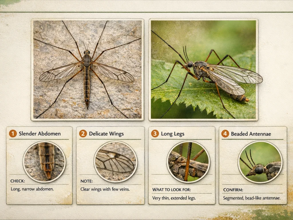 Crane fly and mosquito anatomy comparison showing four key identification field marks for UK homeowners