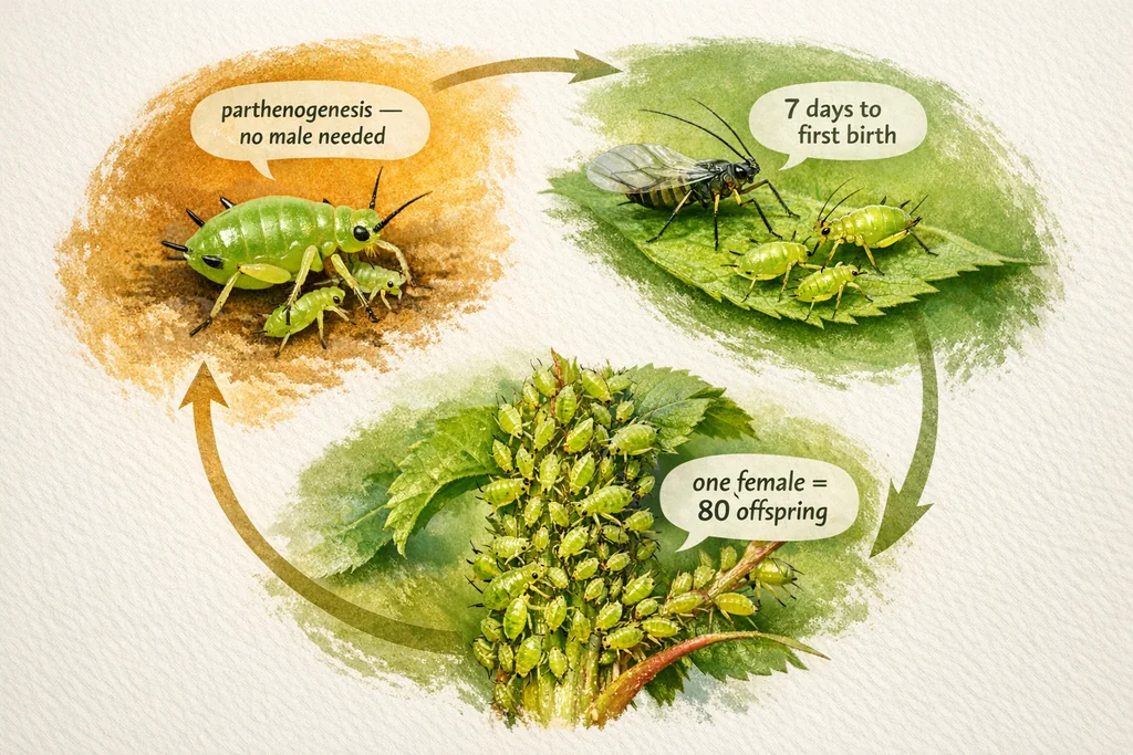 Diagram showing aphid parthenogenesis lifecycle explaining why aphids keep returning after spraying, with rapid reproduction stages on a UK garden rose
