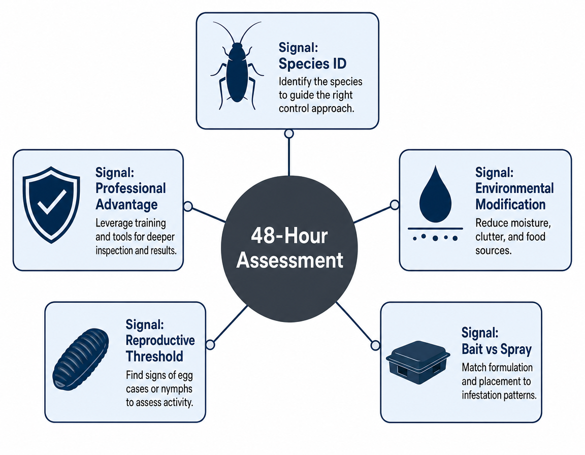 Cockroach control how to evidence signal map showing five key findings for 48-hour assessment